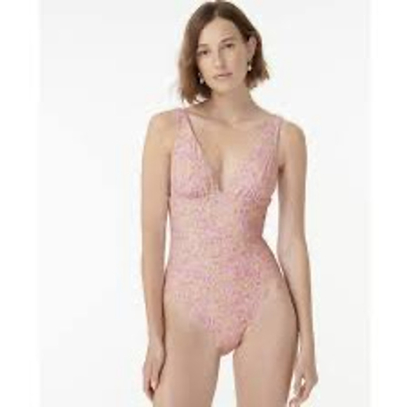 J.Crew Eco Plunge V-Neck One-Piece Swimsuit Pink Paisley Print size 10 tie back - Picture 1 of 13
